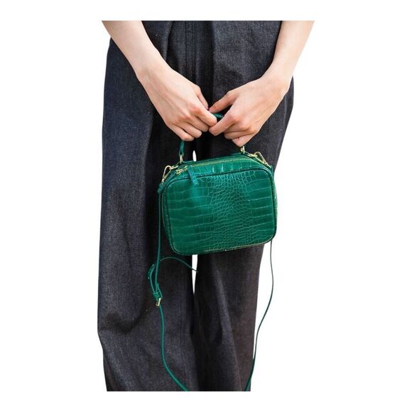 Zara Handbags - ZARA Basic Green Croc Embossed Faux Leather Top Handle Crossbody Zip Bag